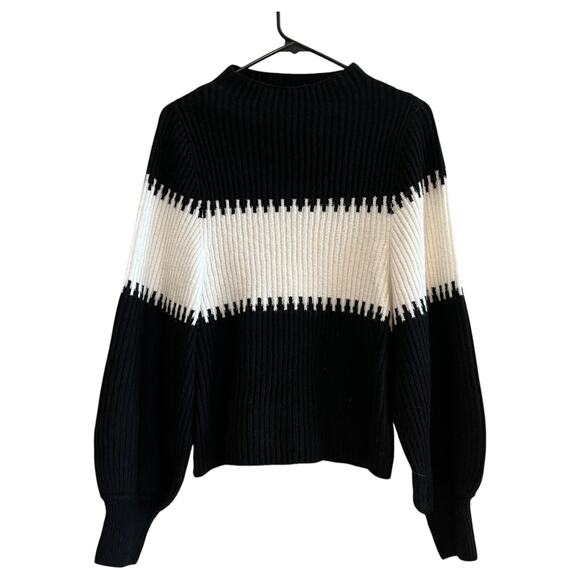 French Connection Sofia Wool Blend Striped Balloon Sleeve Sweater Black White S - Picture 2 of 9